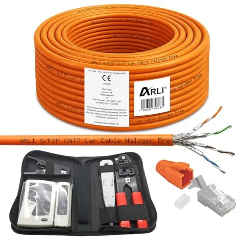 ARLI CAT 7 Verlegekabel 100m Set - Cat-6-Ethernetkabel mit hochwertigem Kupfer für schnelle Datenübertragung bis Klasse F. Inkl. Crimpzange, Tester und 20 Netzwerksteckern für einfache Installation.