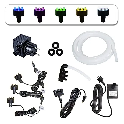 Köhko Pumpe Set 1500L/H für Springbrunnen mit LED-Beleuchtung - Brunnenzubehör & Kaskadenzubehör: Komplettes Set mit 3 LED-Beleuchtungen und 3 Wege Wasserverteiler für einfache Installation und hohe Lichtausbeute. Ideal für Gartenbrunnen und Wasserspiele.