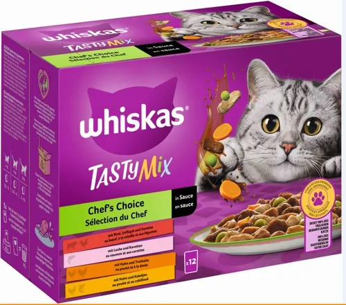 Whiskas Tasty Mix Multipack Chef's Choice in Sauce | 48x 85g - Katzenfutter - Vielseitige Auswahl an schmackhaften Sorten in Sauce, ideal für wählerische Katzen.