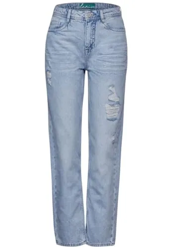 Street One Damen Jeans Straight Leg light blue destroyed - Jeans im Casual Fit mit High Waist und Straight Legs, im angesagten Used Look mit Löchern. Ideal für lässige Outfitkombinationen.