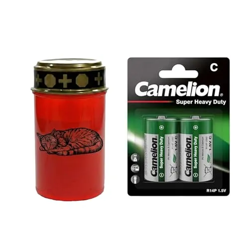 Fachhandel Plus LED Grablicht Katze, batteriebetriebenes Gedenklicht mit flackernder LED Flamme als sicherer Grabschmuck für Tiergrab und Gedenkplatz