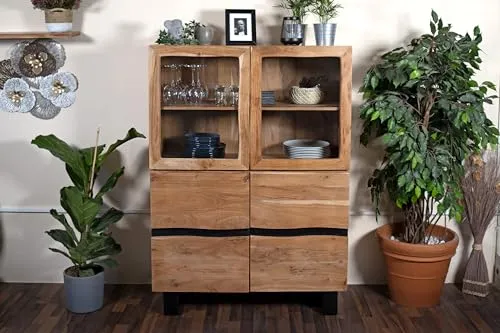 SAM Highboard Kyoto I, Akazienholz massiv & naturfarben, Hochschrank mit je Zwei Holz- & Glastüren, Kufengestell Schwarz, 103 x 45 x 148 cm