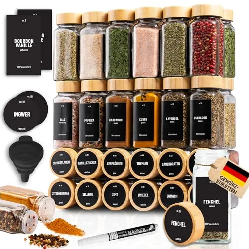 Deco Haus® Gewürzgläser eckig mit Holzdeckel 36er Set [+ Etiketten & Streueinsatz] - Gewürzdosen Set Glas - Gewürzbehälter Spice Jars - Gewürze Aufbewahrung - Behälter für Gewürze - Gewürzaufbewahrung