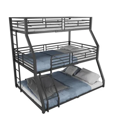 Etagenbett mit 3 Liegeflächen, Metallbett mit Rausfallschutz - Kompaktes Etagenbett für bis zu drei Kinder, ausgestattet mit Lattenrost und Trittleiter. Hohe Stabilität und modernes Design bieten Sicherheit und Komfort im Kinderzimmer.