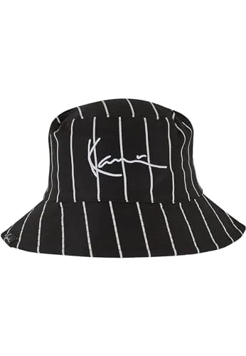 Karl Kani Signature Pinstripe Bucket Hat - Fischerhut mit Nadelstreifen und Karl Kani Logosignatur, leicht und ideal für Sommer, Freizeit und Festivals. Kombinierbar mit Shorts und T-Shirts.