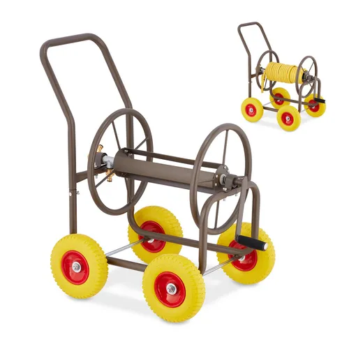 Relaxdays Schlauchwagen mit 4 Vollgummireifen - Schlauchwagen aus Metall für bis zu 60 m Schlauch, mobil und platzsparend mit Handkurbel zum einfachen Aufwickeln und 4 profilierten Vollgummireifen für müheloses Bewegen.