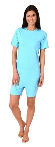 Normann Care Damen Pflegeoverall Kurzarm Einteiler Schlafanzug mit Reissverschluss am Rücken und Bein, Farbe:türkis, Größe:XS