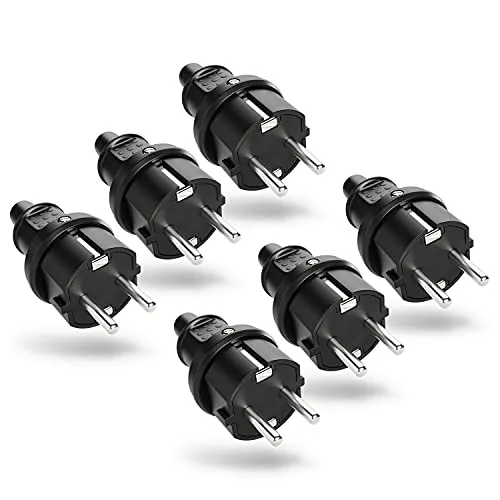 greate 6x Schuko Stecker Aussenbereich mit Knickschutz - Schukostecker Gummi mit Zugentlastung, 2-polig, 230V, 16A & 3,7kW - IP44 Schukostecker Außenbereich schwarz - Schutzkontakt Stecker 230V