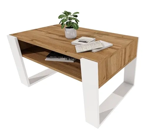 möbelkap Couchtisch 92×53.6 cm – Wohnzimmertisch aus Holzwerkstoff, Stabiler & moderner Kaffeetisch mit zusätzlicher Ablagefläche – Beistelltisch, Eiche Wotan/Weiß, rechteckig