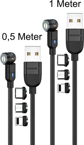 Magnet Ladekabel 2er Set (1 Meter+0,5Meter) SOONTEC Datenkabel Magnetladekabel drehbar 360°&180° mit je 3 Stecker Micro USB/ USB-C/ Lightning 3,0 A Ladekabel (Schwarz)