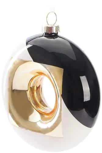 BRUBAKER Premium Weihnachtskugel Donut - Gold, Schwarz und Weiß Quadrat Muster - 10 cm Baumkugel aus Glas - Handbemalter Christbaumschmuck Anhänger - Luxus Weihnachtsdeko Christbaumkugel