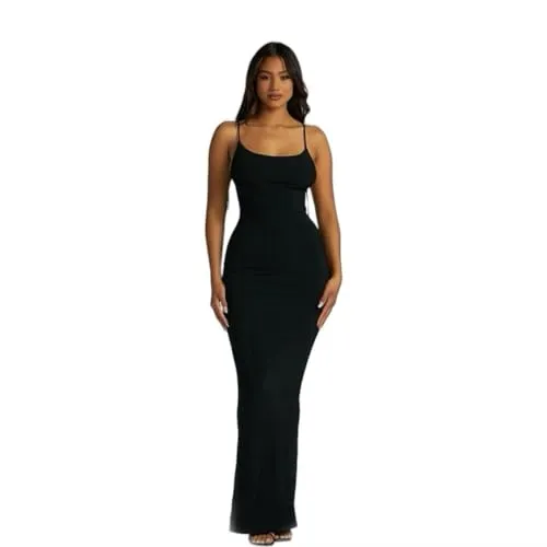 Kxydlww Damen Kleid Spaghettiträger Rippstoff Maxikleid Sexy Lounge Slip Langes Kleid Elegantes Hochzeitsgast ärmelloses Rückenfreies Wickelkleid Sommerkleid Figurbetont Cami Kleider