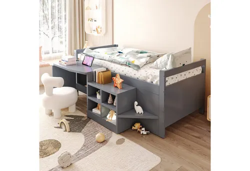 Redom Kinderbett Grau 90x200 cm mit integriertem Schreibtisch