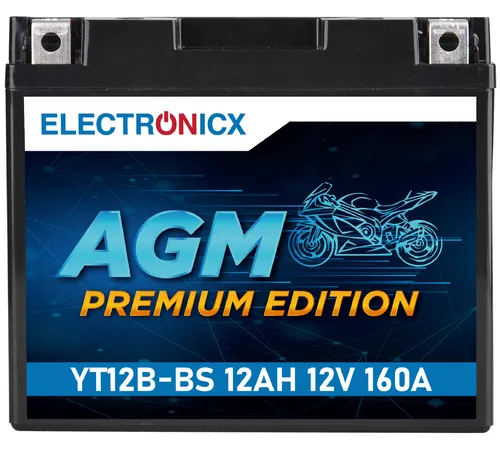 Electronicx YT12B-BS AGM Motorradbatterie 12V 12Ah 160A/EN – Wartungsfrei, Langl