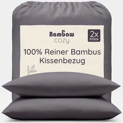 Bambaw Kissenbezug 65x65cm Bambus, 2-er Pack, atmungsaktive Bettwäsche kühlend Sommer, kuscheliger und haarschonender Kissenbezug Bambus, Anti Schweiß Bettwäsche (Anthrazit)
