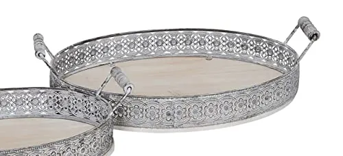 ETC Ovales Deko-Tablett mit Griffen - Dekoschalen im Vintage Landhaus Stil, vielseitig einsetzbar als Tablett, Kerzenteller oder Obstteller, aus hochwertigem Holz und Metall gefertigt.