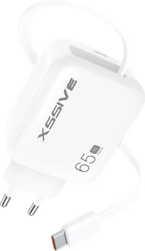 Xssive 65W PD Schnellladegerät mit einziehbarem USB-Kabel - XSS-AC80 - Handy-Ladegerät mit integriertem, einziehbarem USB-C-Kabel für gleichzeitiges Laden von zwei Geräten – ideal für unterwegs und mit Multi-Schutzsystem für maximale Sicherheit.