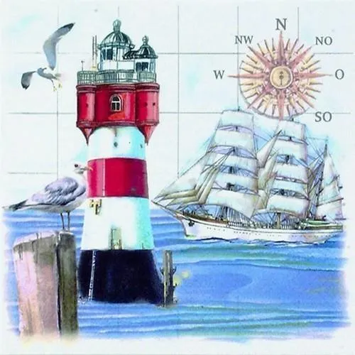 Servietten Lighthouse & Compass Segelschiff Leuchtturm Möwe Meer See 33x33cm 20