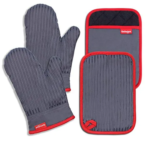 Coziselect Ofenhandschuhe, Hitzebeständige Topfhandschuhe und Topflappen Set, Silikon Anti-Rutsch Design, Geeignet für Kochen, Backen, Grillen, Grau