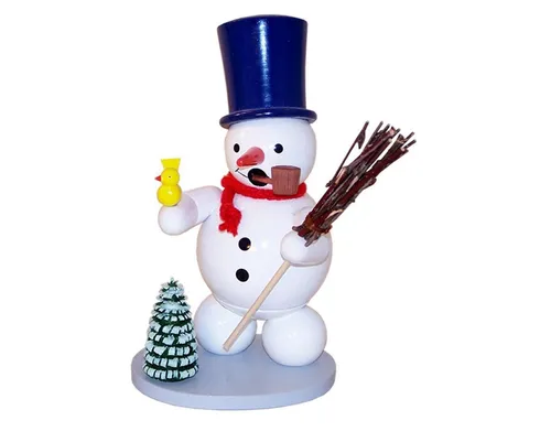 Räuchermann Schneemann mit Zylinder und Besen – Höhe 13 cm - Bunter Räuchermann aus Holz, ideal für festliche Anlässe. Handgefertigt in Seiffen, bringt er eine gemütliche Atmosphäre in Ihr Zuhause.