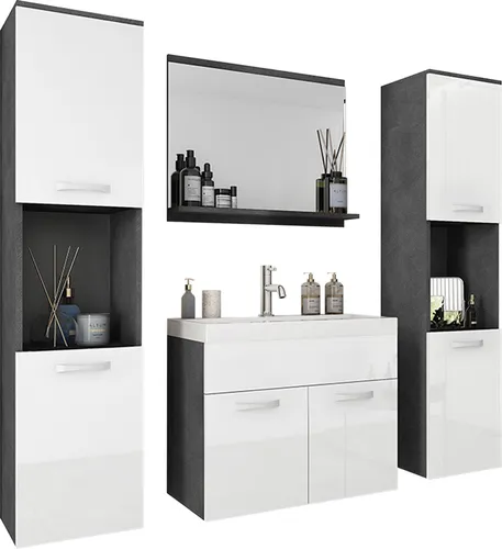 MIRJAN24 Badmöbel-Set Montreal XL – Badezimmer-Set mit Spiegel und Waschbecken - Hochwertiges Badmöbel-Set in Matera/Weiß Hochglanz, inklusive Spiegelschrank und Waschbecken. Ideal für stilvolle Badezimmergestaltung mit praktischen Maßen und einfacher Montage.