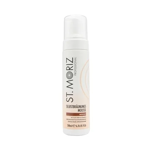 ST. MORIZ Professional Instant Tanning Mousse in Medium – schnelltrocknendes Selbstbräunungsmousse mit Applikatorfarbe mit Aloe Vera und Vitamin E Dermatologisch getestet ohne Tierversuche 200ml