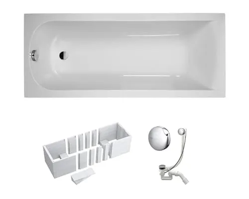 VBChome Badewanne 160x70 cm Weiß Acryl – Rechteckwanne mit Styroporträger, Siphon und Chrom-Ablaufgarnitur – Modernes Design, Komplettset für einfache Montage, Robust und Pflegeleicht