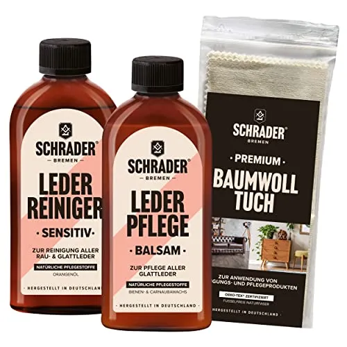 Schrader Lederpflege Set - 3-teilig für Ledermöbel & Lederkleidung - Kompetente Systempflege für glattes und genarbtes Leder. Reiniger entfernt Schmutz, Balsam sorgt für Glanz und Schutz. Ideal für Vintage- und Designmöbel, Made in Germany.