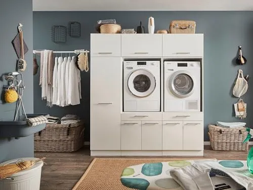 möbelando Waschmaschinenumbauschrank LAUNDREEZY in Weiß - 185x200x67,5 cm - Podeste & Rahmen für Waschmaschinen: Der LAUNDREEZY Waschmaschinenumbauschrank bietet großzügigen Stauraum und besticht durch elegantes Design in strahlendem Weiß.