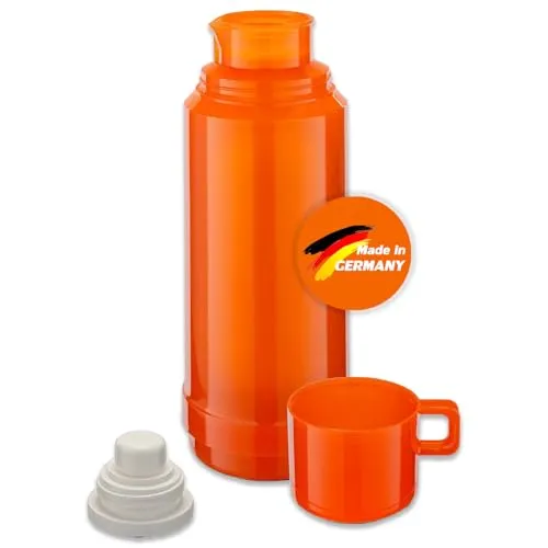 ROTPUNKT Isolierflasche 1 Liter mit integriertem Becher - Hochwertige Isolierkanne Made in Germany I Bis zu 24 h heiß & 36 h kalt (Jesper 60, Glossy Orange)