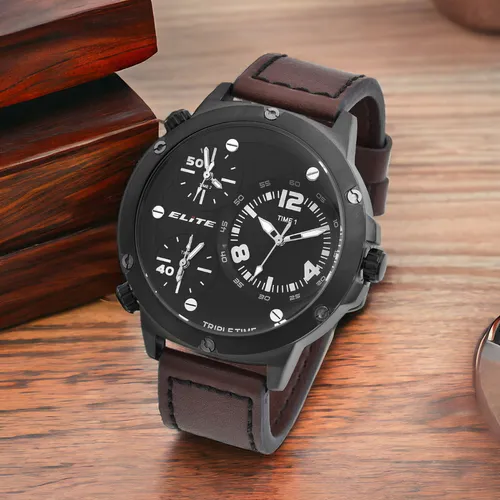 ELITE Herren Chronograph Armbanduhr Ø47mm mit Lederimitation - Armbanduhren für Unisex Erwachsene, sportlich-elegantes Design mit 30 m Wasserdichtigkeit und langlebigem Quarzwerk für zuverlässige Zeitmessung.