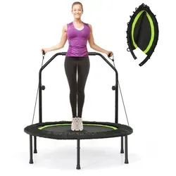 COSTWAY Mini Trampolin φ101cm mit höhenverstellbarem Haltegriff & Widerstandsbändern - Kompaktes Trampolin für drinnen und draußen, mit 4-fach verstellbarem Haltegriff und zwei Widerstandsbändern für vielseitiges Training. Klappbar und leicht zu transportieren, ideal für die ganze Familie!