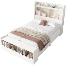 Kinderbett mit Schubladen und Regal - 90x200cm Weiß - Multifunktionales Jugendbett mit Stauraum und einzigartigem Design, ideal für kreative Kinderzimmer. Inklusive zwei Schubladen für optimalen Platz und Organisation.
