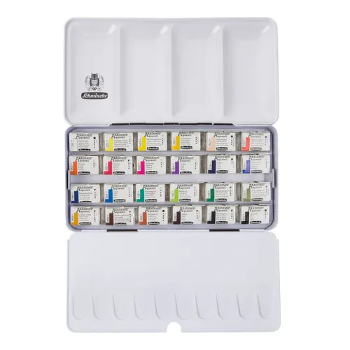 Schmincke Akademie Aquarell Metallkasten mit 24 Näpfchen - Premium Aquarellfarben im stabilen Metallkasten, ideal für Einsteiger. 24 brillante Farbtöne ermöglichen kreatives Mischen und höchste Ergiebigkeit – Made in Germany.