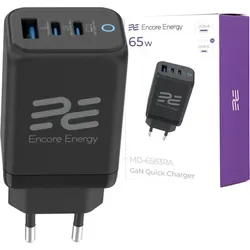 Netzladegerät 65W USB-A + 2x USB-C QC PPS PD Encore Energy MD-6583RA - Schwarz