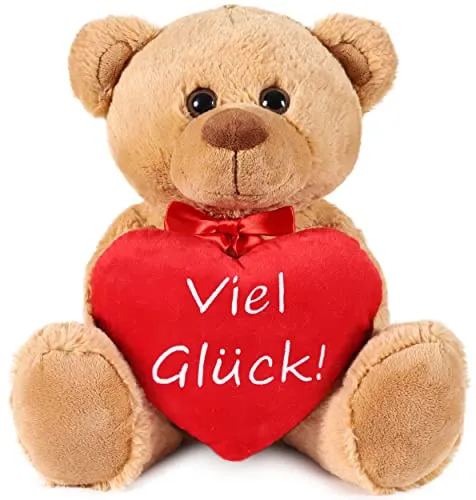BRUBAKER Teddy Plüschbär mit Herz Rot - Viel Glück - 35 cm - Teddybär Plüschteddy Kuscheltier Schmusetier - Stofftier Braun Hellbraun