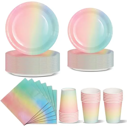 Nkaiso Regenbogen Partygeschirr, 96 Stück Bunt Pappteller, Party Pappteller Becher Servietten Partyteller Partyset Süße Party, für Feste und Feiern wie Geburtstag
