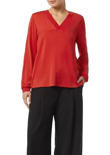 Comma Langarmbluse Satin-Bluse mit Rippbündchen in Rot - Moderne Bluse in Größe 46, aus hochwertigem Satin mit Rippbündchen und V-Ausschnitt, ideal für elegante Anlässe und den Alltag.