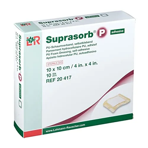 Suprasorb P - Hydrocellulare Wundverbände, 10 cm x 10 cm, Box mit 10 Stück - Erste-Hilfe-Heftpflaster & Verbandsmaterial, antibakteriell und wasserdicht, ideal für empfindliche Wunden in der Heilungsphase.