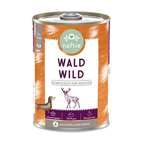 naftie Premium Hundefutter 100% Wald Wild - Reinfleisch-Dose pur - Hunde-Nassfutter zum Mischen, Barf-Fleisch - glutenfrei getreidefrei - 400g Dose