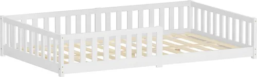 ML-Design Kinderbett 120x200 cm Weiß Bodenbett für Kinder mit Lattenrost und Rausfallschutz Jugendbett aus massivem Kiefernholz Bettgestell Babybett