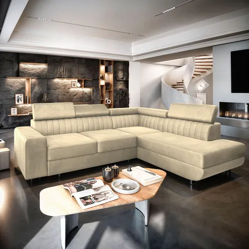 Masseno Ecksofa NOLA R-S mit Schlaffunktion - Creme - Sofa mit Bettkasten und flexibler Schlaffunktion, ideal für Gäste und kleinen Raum, elegantes Design in Creme, sorgt für außergewöhnlichen Komfort und Stil in Ihrem Wohnzimmer.