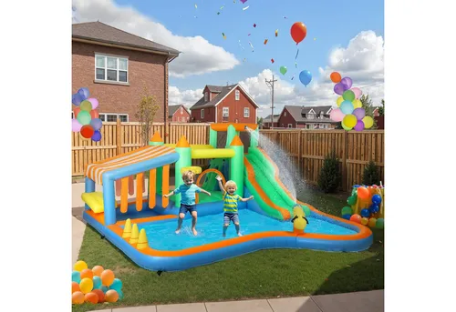 Aiyaplay Hüpfburg mit Rutsche und Planschbecken - Outdoor Spielzeug für Kinder, vielseitig einsetzbar mit Gebläse, sicher und schnell einsatzbereit – perfekter Spielspaß für den Garten!