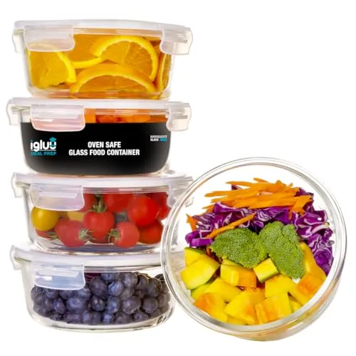 Igluu Meal Prep Runde Glas-Frischhaltedosen mit BPA-freiem Deckel (5er-Pack + 1 Ersatzdeckel) – mikrowellen-, ofen-, gefrier-, spülmaschinengeeignet, auslaufsicher – 840 ml - robustes Borosilikatglas