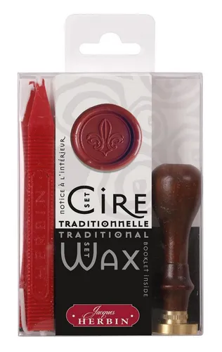 Herbin Stempel Set mit Siegellack Lilie - Traditionelles Herbin Set für Siegelwachs, ideal für Einsteiger. Enthält 2 Wachsstangen, 1 Holzgriff, 1 Siegel (ø 24 mm) und Anleitung. Perfekt für kreative Projekte und als Geschenk.