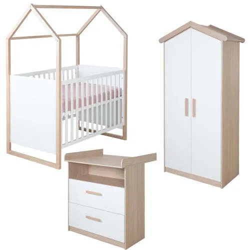 roba® Babyzimmer-Komplettset Cabane - Modernes 3-teiliges Set - Komplettzimmer für Babys mit 2in1 Baby- & Beistellbett, Wickelkommode und Kleiderschrank in stilvollem Hausdesign – sicher, funktional und wächst mit Ihrem Kind.