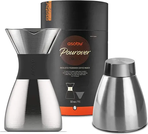 Asobu Pour Over (1 l) (PO300 SILVER BLACK) - Hochwertiger Kaffeebereiter für perfekten Filterkaffee, stilvolles Design in Silber und Schwarz
