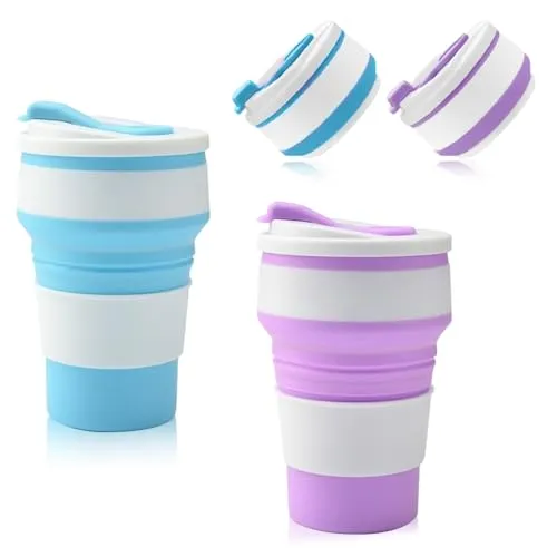 BNGXR Faltbarer Becher, 2 Stücke Faltbare Reisebecher,350 ml Silikonbecher wiederverwendbares tragbares Campingbecher,Faltbarer Kaffeebecher für Picknick Wandern Reisen Rucksacktouren