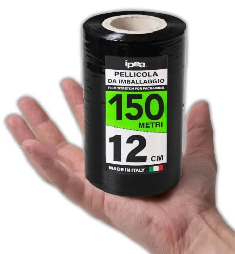 IPEA Stretchfolie Schwarz Strechfolienrolle für Verpackungen – 150 Meter x 12 cm – Made in Italy – Rolle zum Schutz, Verpackung von Gegenständen beim Transport – Wickelfolie - Reißfest