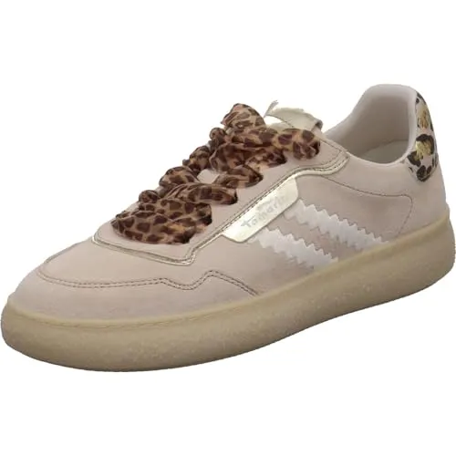 Tamaris Damen Sneaker aus Nubukleder in Beige mit Leo Look - Stylische Sneaker in Beige mit breiten Schnürsenkeln und 3,5 cm Absatzhöhe. Ideal für den täglichen Komfort und modische Akzente.